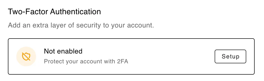 Two-factor authentication panel: not enabled, with a Setup button