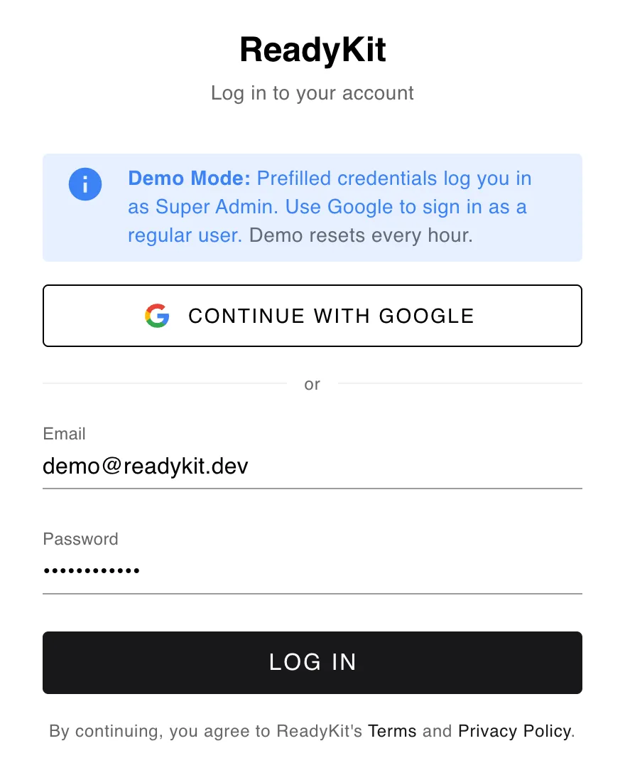 ReadyKit login screen with Continue with Google, email and password fields