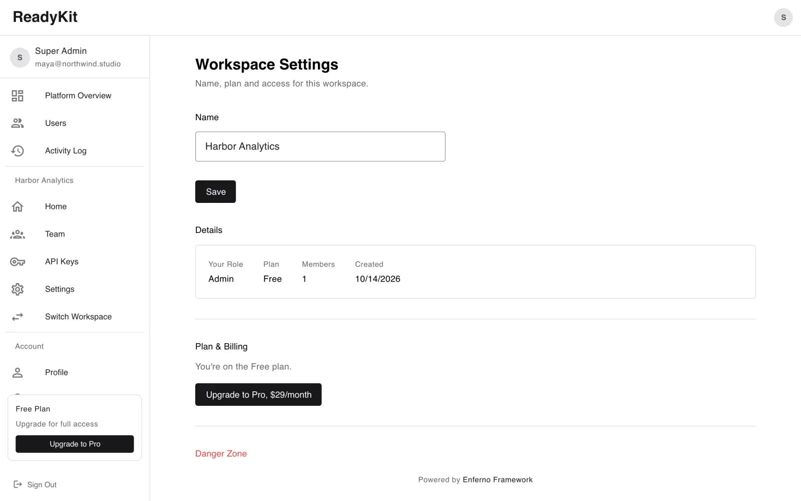 ReadyKit workspace settings: the workspace name, your role, the plan, member count, and an Upgrade to Pro button at $29 a month